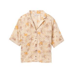 PrAna Shirt Womens Large Beige Iguala Cropped Short Sleeves Boxy Bears Raccoon